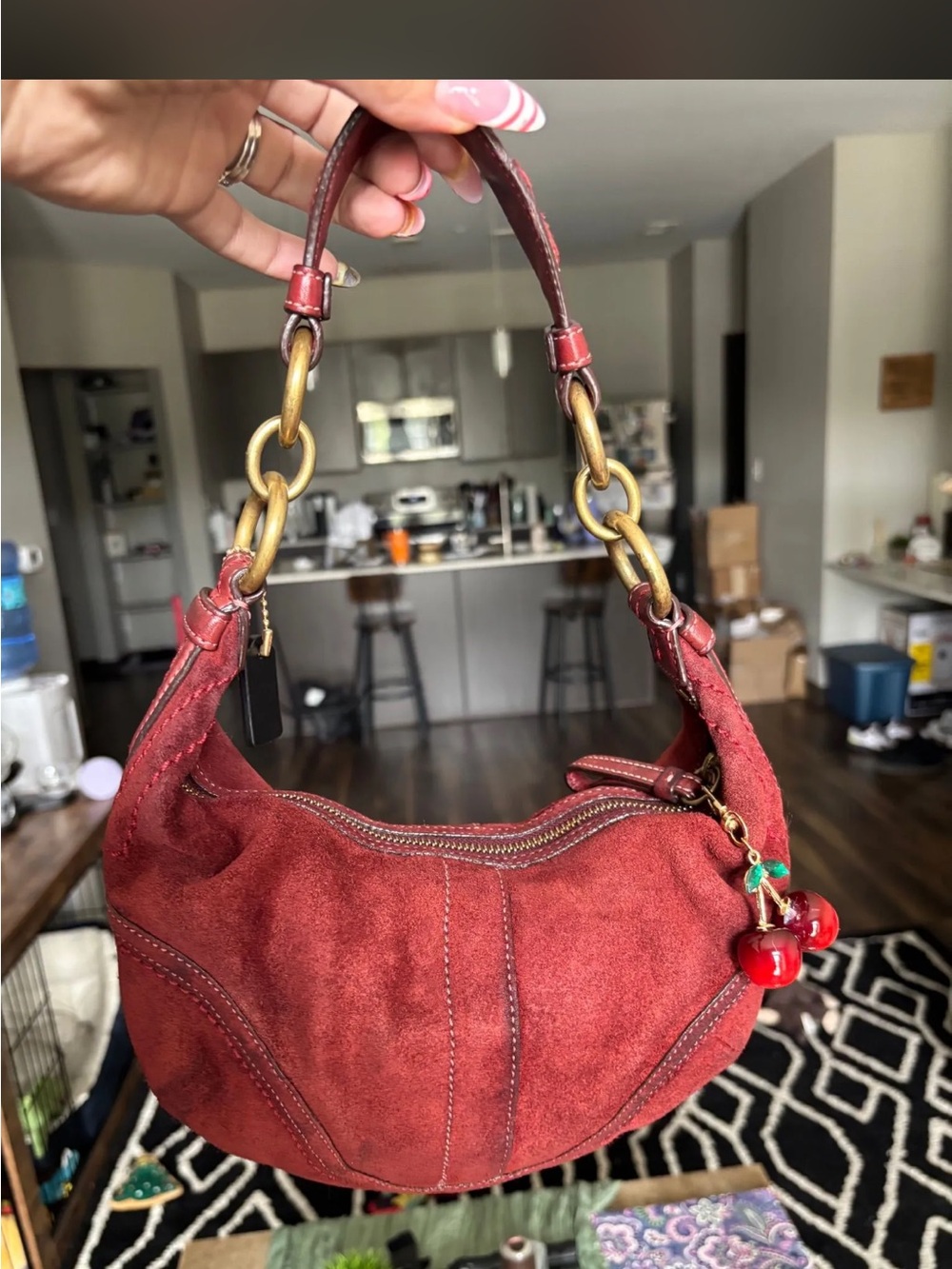 Red Suede Shoulder Bag with Cherry Charm